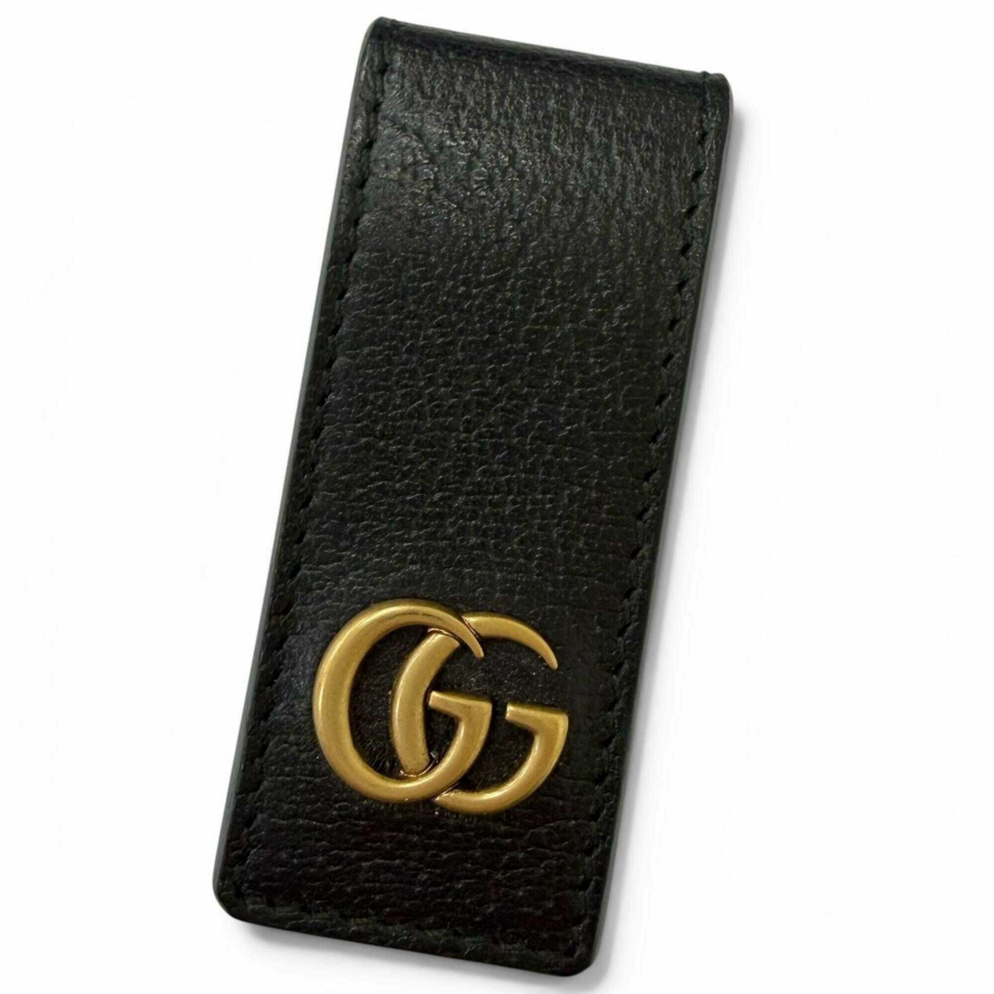 Gucci 522885 Leather Gg Marmont Logo Gold Hardware Money Clip Wallet Black Ma...